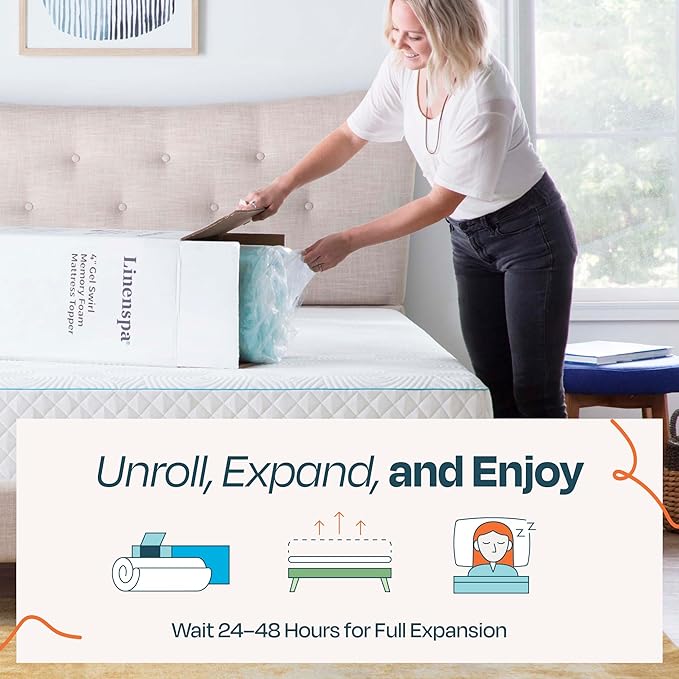 Linenspa 4 Inch Swirl Gel Memory Foam Mattress Topper, King Size – Cooling Gel Infused, Ventilation Holes – Pressure Relieving Bed Topper – CertiPUR Certified