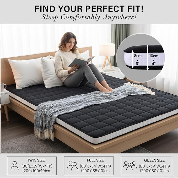 Tiita Japanese Floor Mattress, 4” Thicken Futon Mattress with Storage Bag and 2 Straps， Twin Size Sleeping Tatami Mat for Adults，Black