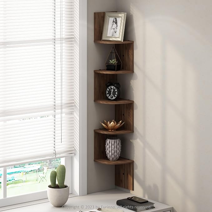 Furinno Rossi 5-Tier Floating Corner Shelf for Wall, Corner Zigzag Shelf Wall Mounted, Radial Wall Mount Shelves, for Home Office, Living Room, Bedroom, Bathroom, Columbia Walnut by Furinno-FitsYourSpaceFitsYourBudget