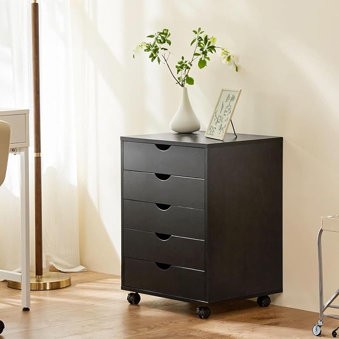 5 Drawer Mobile File Cabinet Under Desk Storage Organization with Wheels Vertical Filing Chest Rolling Wood Small Desk Printer Stand for Home Office, Black - Image 8
