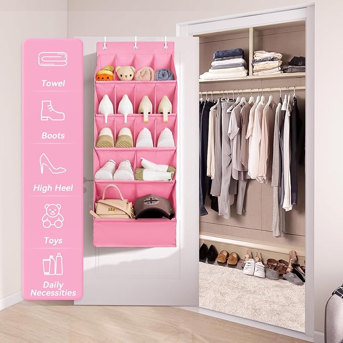 FENTEC 1 Pack Over-the-Door-Shoe-Organizers, Hanging Shoe Organizers with Large Pocket Shoe Holder Hanging Shoe Rack for Closet Shoes Organizer for Wall, Over Door Organizer with 15 Pockets Pink - Image 5