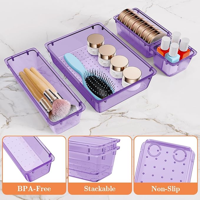 SpaceHacks 25 PCS Plastic Drawer Organizer Set, 4-Size Versatile Organizer Trays & Storage Bins for Makeup, Jewelry, and Gadgets in Bathroom, Bedroom and Office,Clear Purple - Image 3
