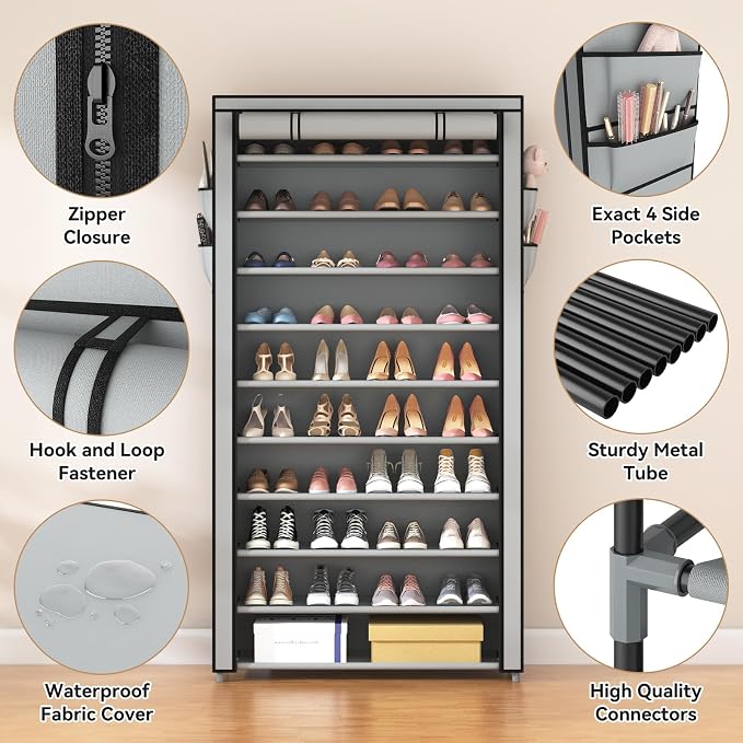 ROJASOP Shoe Rack with Covers, Stackable 10 Tier Tall Shoe Shelf Storage 50-55 Pairs Shoes and Boots Large Capacity Vertical Shoe Rack Organizer for Closet Entryway Garage Bedroom, Grey - Image 4