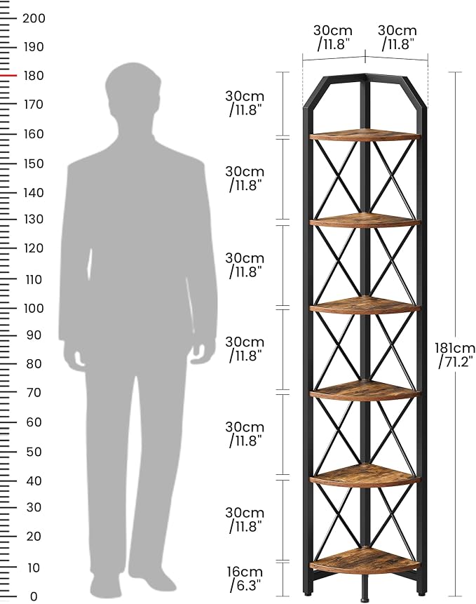 CHOEZON 6-Tier Corner Shelf, Industrial Corner Bookshelf, 71.2" Corner Storage Stand, Plant Stand Display Shelf, Corner Bookcase for Bedroom, Living Room, Home Office, Rustic Brown and Black TCJ11BF - Image 2