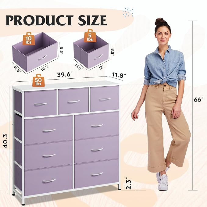 WLIVE 9 Drawer Dresser, Fabric Storage Tower for Bedroom, Hallway, Closet, Tall Chest Organizer Unit for Bedroom with Fabric Bins, Steel Frame, Wood Top, Easy Pull Handle, Purple - Image 3