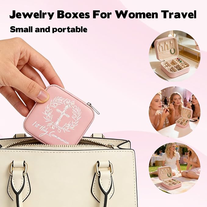 First Communion Travel Jewelry Box, Small Pink Case with Zipper & Soft Lining, Christian Keepsake Organizer for Rings Earrings Necklaces, Religious Keepsake Gift for Girls (1, Pink) - Image 5