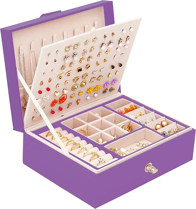 QBestry Girls Jewelry Box for Earrings Jewelry Organizer Box Teen Girls Earrings Organizer Jewelry Box with Earring Holder Organizer Stud Earring Box for Girls Womens Jewelry Case Organizer Purple by QBestry