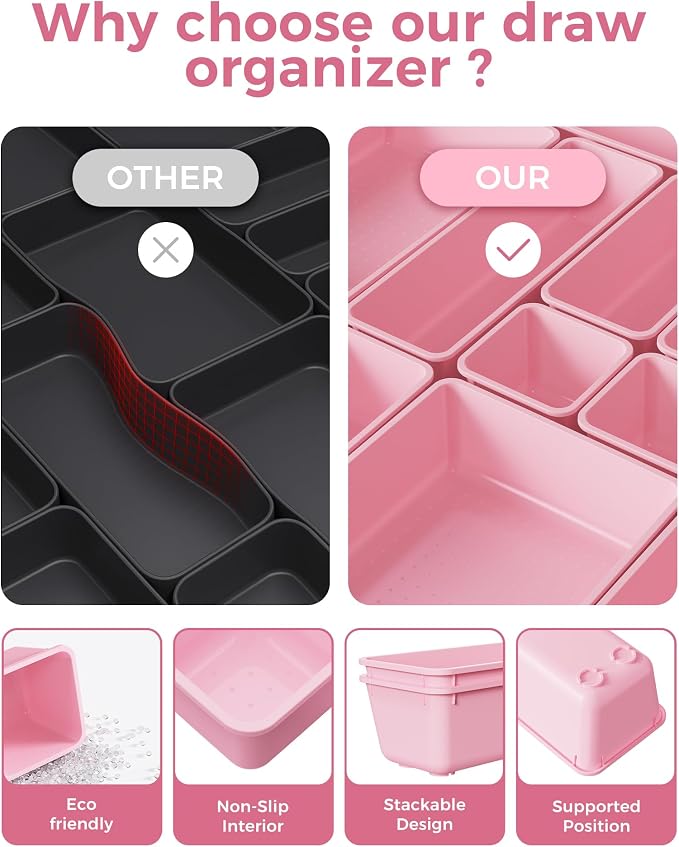 BiuLeon 25 PCS Plastic Drawer Organizers Set, 4-Sizes Vanity and Makeup Organizer, Desk and bathroom Drawer Organizer Trays, Organizers and Storage for Makeup, Jewelry, Gadgets, Utensils (Pink) - Image 5