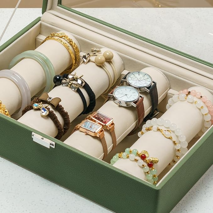 Bracelets Organizer Rods Bangles Display Holder, Clear See through Lid Leather Velvet Jewelry Storage Box Case for Women, 4 Rods Green Leather - Image 9