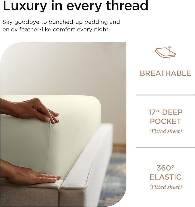 Threadmill Certified 100% American Supima Cotton Sheets, King-Sheets, 1000 Thread Count, 4 Piece Luxury Bed Sheets Set, Hotel Quality Sateen Weave, Ivory Sheet with Elasticized Deep Pocket