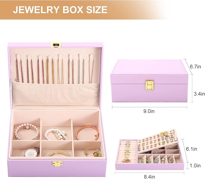 Jewelry Box for Girls Women Leather Jewelry Organizer with Lock Double Layers Jewelry Storage Case Removable Tray for Necklace Earring Ring with Polishing Cloth and Jewelry Bags, Home Decor Gifts - Image 3