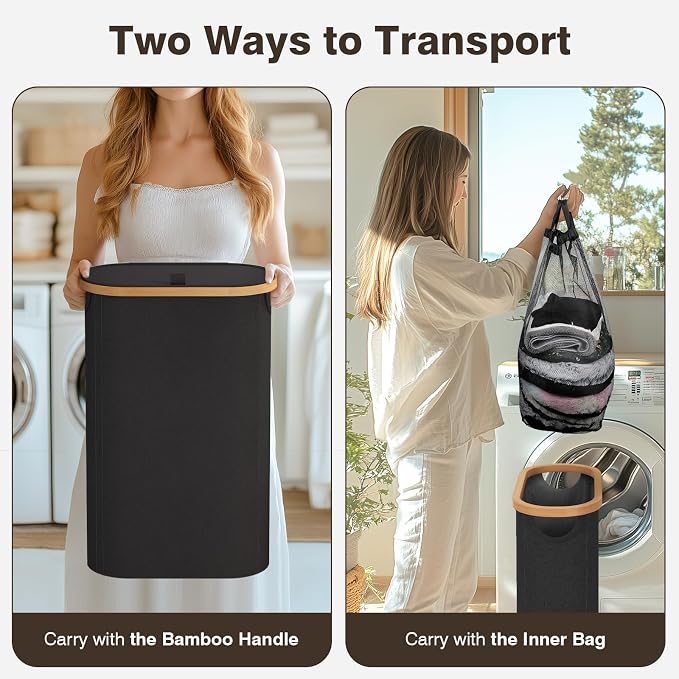Slim Laundry Hamper with Lid, 60L Small Laundry Basket with Handles&Removable Bag, Thin Dirty Clothes Hampers for Laundry, Narrow Laundry Hampers for Bedroom Aesthetic, Black - Image 3