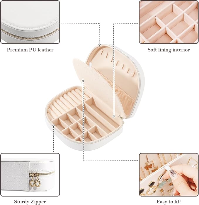 ProCase Travel Size Jewelry Box, Large Portable Seashell-Shaped Jewelry Case, 2 Layer Jewelry Organizer in PU Leather for Women -White - Image 5