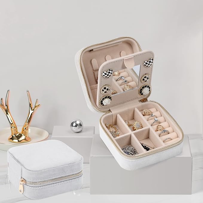 Dajasan Velvet Jewelry Box, Mini Travel Jewelry Case, Portable Travel Jewelry Organizer with Mirror for Birthday Mother's Day Valentine's Day(Beige) - Image 2