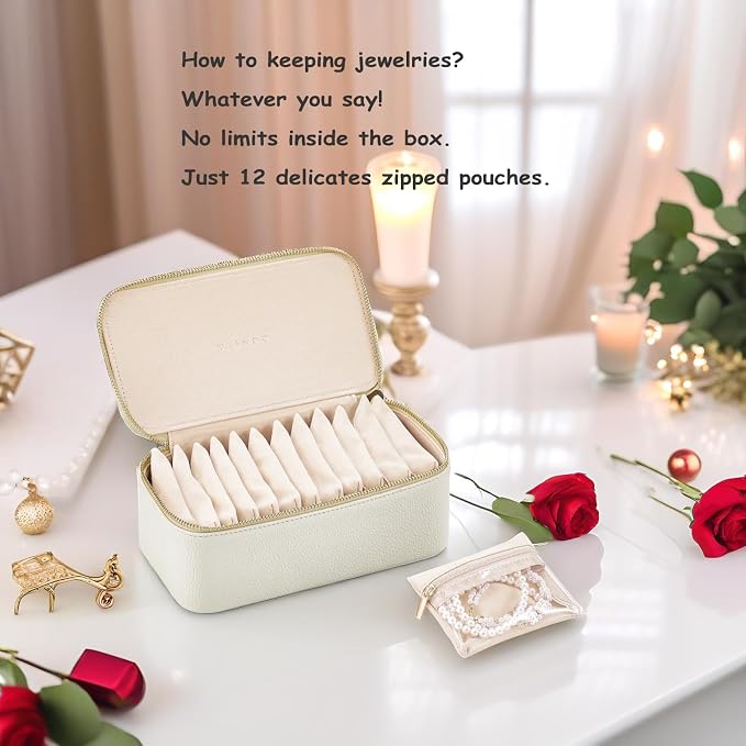 VLANDO Travel Jewelry Box Organizer – Portable PU Leather Jewelry Case with 6/8/12 Zippered Pouches, Compact Storage for Earrings Rings Necklaces Bracelets, Offwhite - Image 3