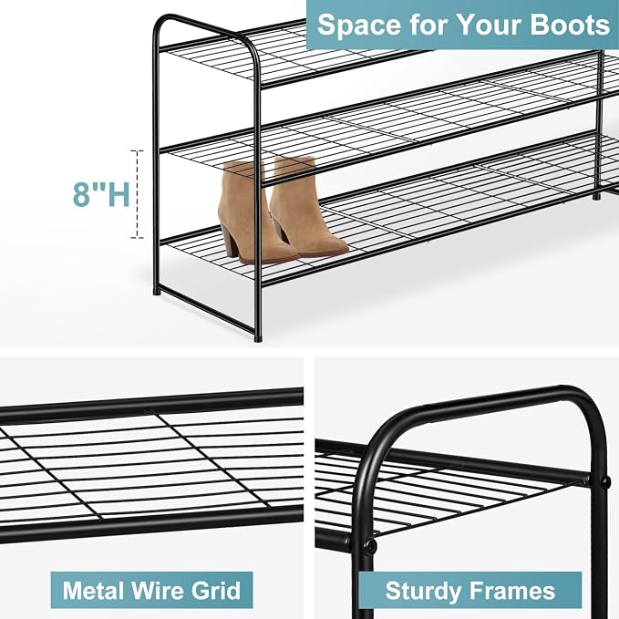 AOODA Long 3 Tier Metal Shoe Rack for Closet Wide Stackable Shoe Storage Organizer for Entryway, Bedroom, Floor, 24-Pairs Men Sneakers Shoe Shelf with Wire Grid, Black - Image 5