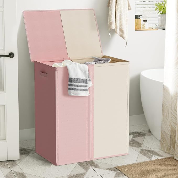 WOWLIVE Double Laundry Baseket with Lid and Removable Laundry Bags,154L Large Laundry Hamper 2 Section Collapsible Dirty Clothes Hamper for Laundry Room,College Dorm,Bathroom,Pink and Beige - Image 3