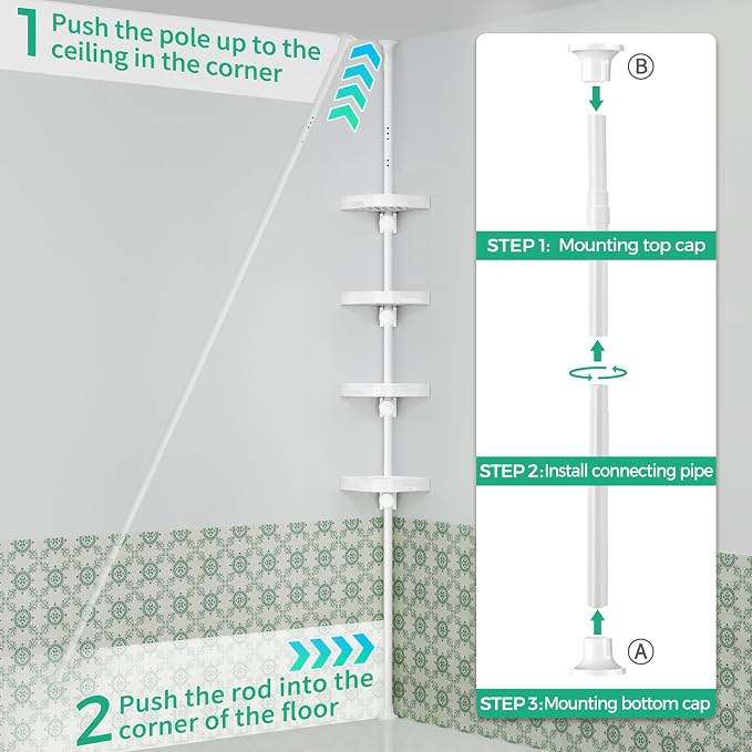 shuang qing 4-Tier Corner Shower Caddy Tension Pole Organizer - Adjustable Rustproof Metal Tension Pole, Plastic Shelves with Safety Guardrail, Bathroom Storage for Shower & Bathtub(White) - Image 6