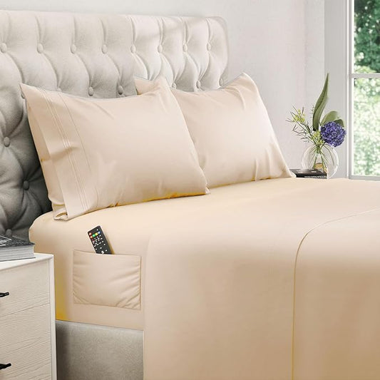 DREAMCARE King Size Sheets Set – 4 pcs Super Soft & Lightweight Cooling Sheets – up to 21” Deep Pocket King Sheet Set – Hotel Luxury Sheets & Pillowcases – 100% Fine Microfiber with Side Pocket, Wheat