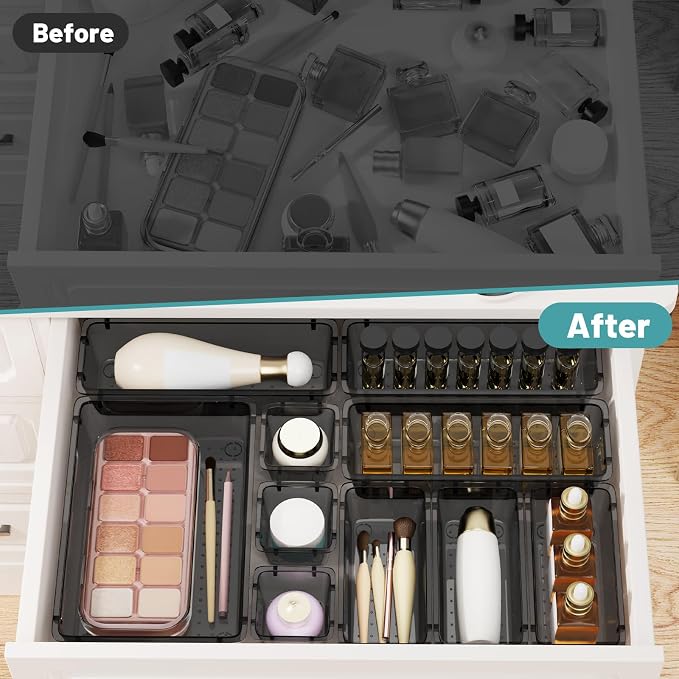 WOWBOX 40 PCS Clear Plastic Drawer Organizer Set, 4 Sizes Desk Drawer Organization and Storage Containers for Makeup, Cosmetics, Jewelry and Gadgets in Kitchen, Bathroom, Bedroom, Office, Clear Black - Image 5