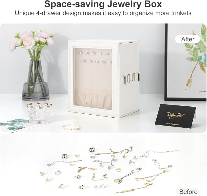 DesignSter Jewelry Box Organizer, Jewelry Box for Women, PU Jewelry Organizer Display Case with Side Drawers, Jewelry Storage for Earring Necklace Ring Bracelet Watch - Image 5