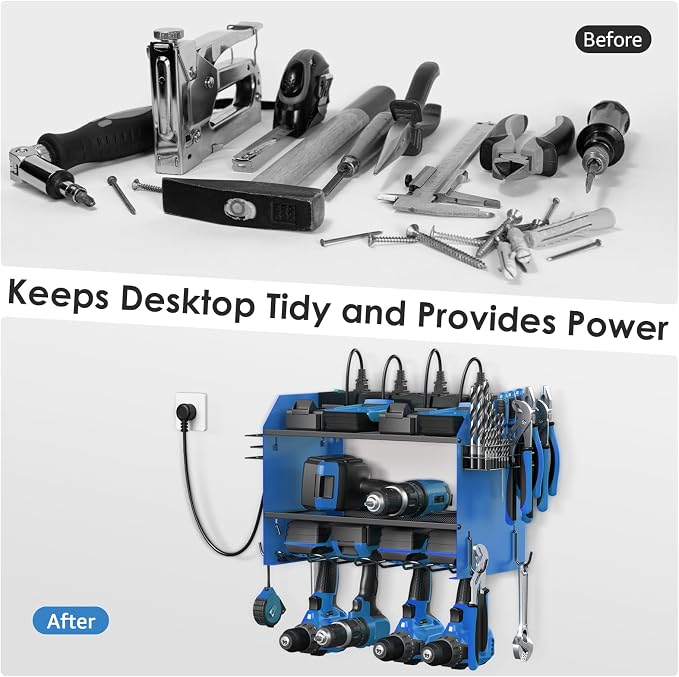 CCCEI Modular Power Tool Organizer Wall Mount with Charging Station. Garage Drill Storage Shelf with Hooks, Heavy Duty Rack, Tool Battery Holder Built in 8 Outlet. Gift for Men. Blue, 1 Pack. - Image 4
