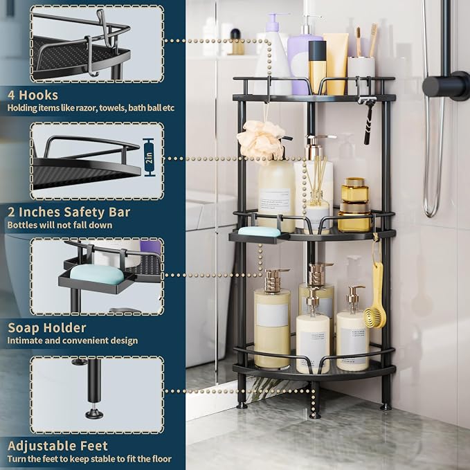 Consumest Corner Shower Caddy Stand - 3 Tier Shower Organizer with Soap Holder, Tall Floor Corner Shelves Standing with Adjustable Feet & 4 Hooks, Storage Rack for Bathroom Black - Image 4