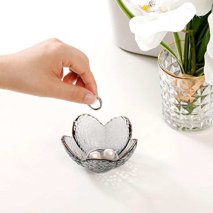 Grey Flower Jewelry Dish Glass Ring Dish Jewelry Tray Cute Vanity Organizer Room Decor Aesthetic Nightstand Bathroom Decor Trinket Dish Ring Holder Dish House Warming Gifts Stocking Stuffers for Women - Image 3