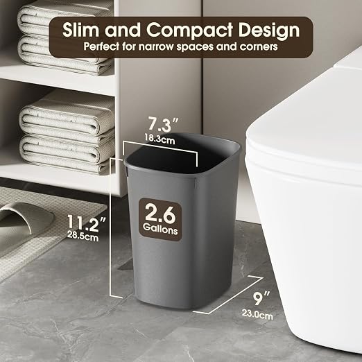 CEROELDA Small Bathroom Trash Can, 2.6 Gallon Slim Mini Garbage Can Small Trash Bin Plastic Waste Basket for Dorm Room, Bedroom, Office, Toilet (Grey) - Image 2