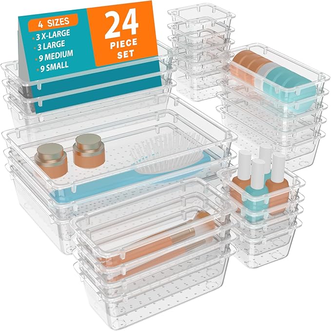 WOWBOX 24 PCS Clear Plastic Drawer Organizer Set, 4 Sizes Desk Drawer Organization and Storage Containers for Makeup, Cosmetics, Jewelry and Gadgets in Kitchen, Bathroom, Bedroom, Office, Clear by WOWBOX