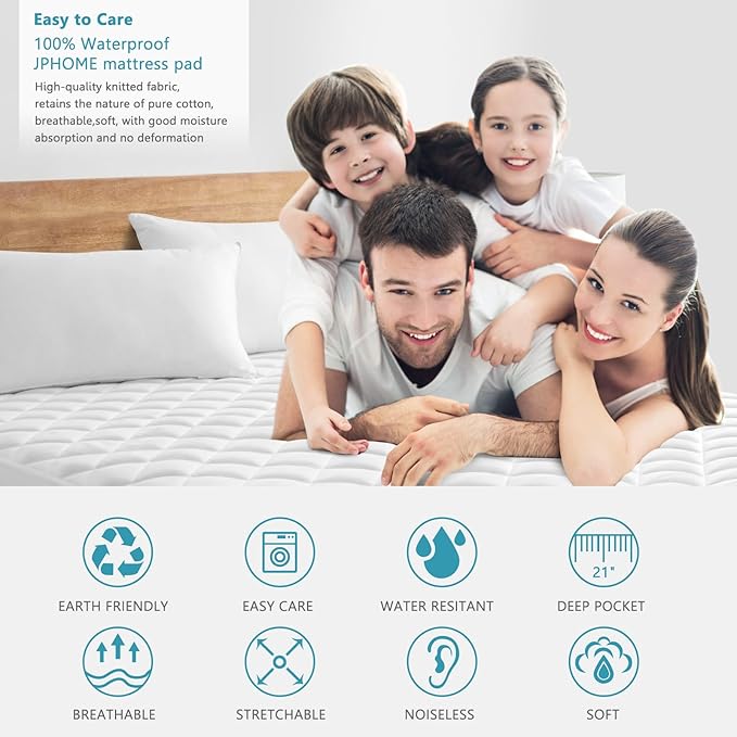 Full Size Quilted Fitted Mattress Pad Cover, 100% Waterproof Mattress Protector, Deep Pocket Fitted 8" - 21", Breathable & Noiseless, Soft and Comfortable (54" x 75", White)