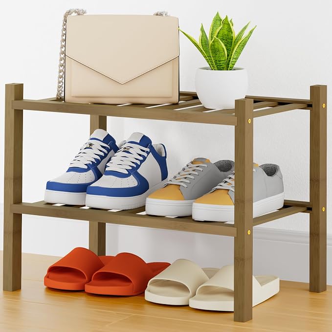 Smiry Shoe Rack, 2 Tier Thick Small Bamboo Shoe Organizer, Stackable Free Standing Wooden Shoe Storage Shelf for Closet, Entryway, Front Door Entrance, Walnut by Smiry