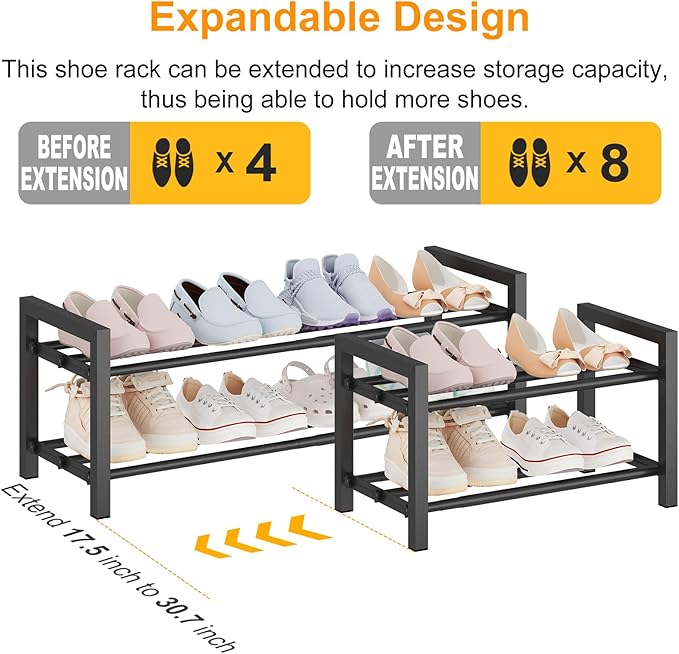 Detsuk 2-Tier Expandable Shoe Rack (17.5"-30.7") – Adjustable Heavy-Duty Metal Shoe Organizer Shelf for Closet, Entryway, Mudroom & Garage – Durable Freestanding Storage, Black - Image 4
