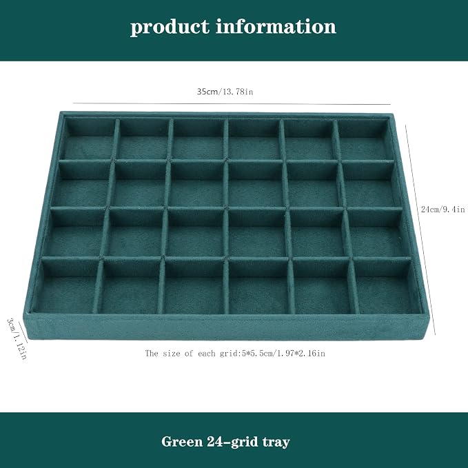 Large Velvet Jewelry Tray, Drawer Organizer for Jewelry in Dresser, Stackable Jewelry Drawer Organizer Inserts for Earring Necklace Bracelet Rings(Green,24grid) - Image 6
