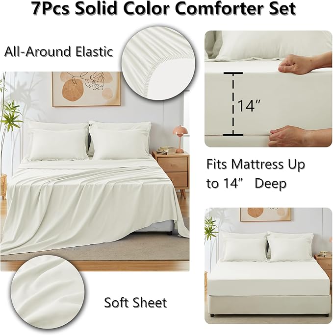 CozyLux King Size Comforter Set Ivory, 7 Pieces Bed in a Bag King Comforter Set with Sheets, Luxury Soft Bedding Sets with Down Alternative Comforter, Fitted Sheet, Flat Sheet, Pillowcases & Shams