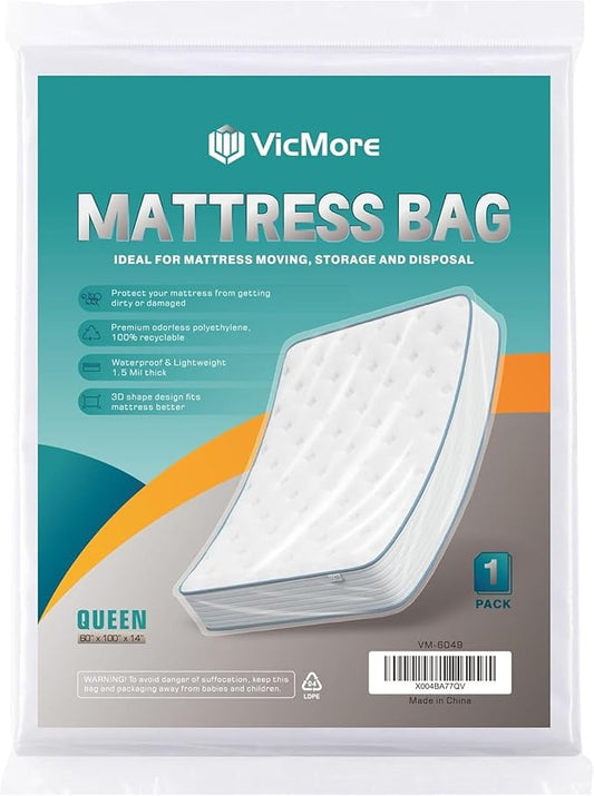 VICMORE Queen Mattress Bag for Moving, Storage & Disposal, 1.5 Mil Heavy-Duty Plastic Mattress Cover, Tear-Resistant, Dustproof, Reusable (Fits Queen Size Beds)