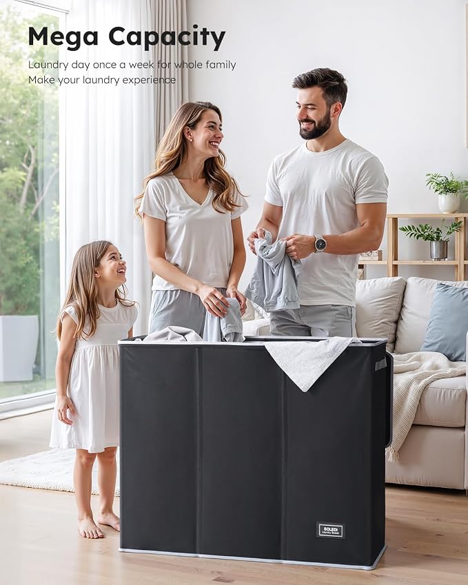 SOLEDI 180L Laundry Hamper 3 Section, Extra Large Laundry Hamper with Lid, Dirty Clothes Hamper with Sturdy Handle, Large Laundry Basket Organizer for Laundry Room, Bedroom, Hampers for Laundry - Image 3