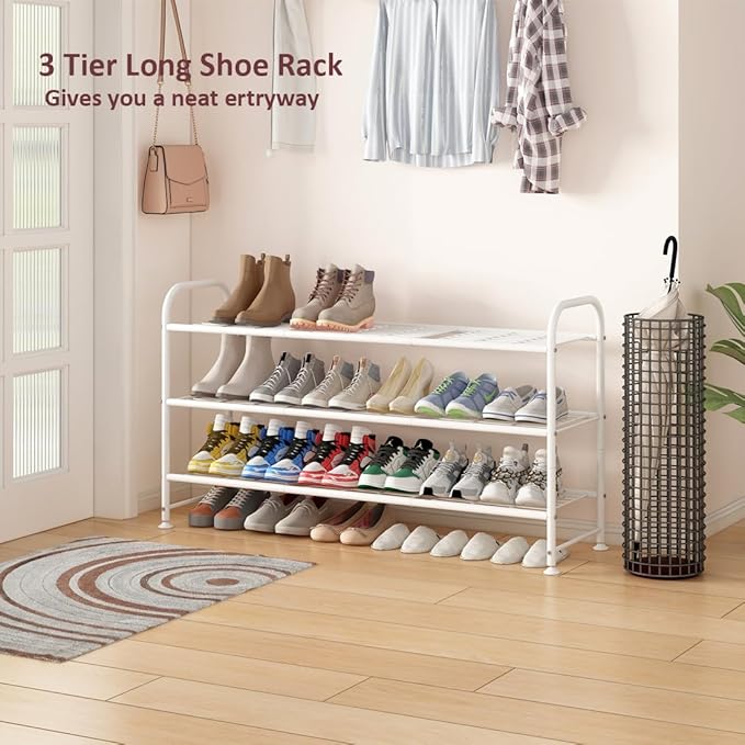 LINZINAR Shoe Rack Long 3 Tier Shoe Storage Organizer Metal Wide Shoe Shelf for Closet Entryway Bedroom 24 Paris Large Capacity, Black (White, 3-Tier) - Image 4
