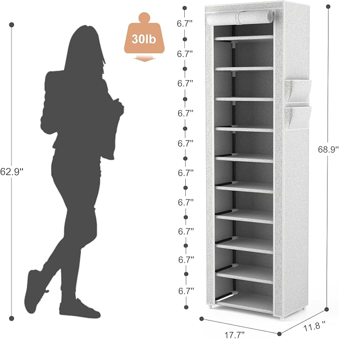 VTRIN Vertical Narrow Shoe Rack Organizer Tall Shoe Rack for Closet Entryway 10 Tier Non-Woven Cover Shoe Shelf Holds 20-22 Pairs Free Standing Shoe Storage Cabinet with Dustproof Cover, Multi Color - Image 3