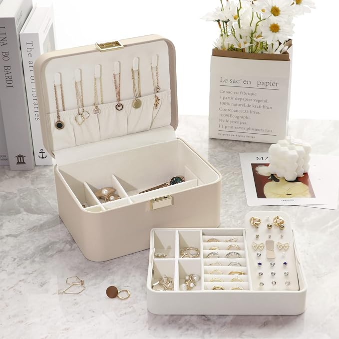 KAMIER Jewelry Organizer,2 Layer Jewelry Organizer Box for Earrings Bracelets Rings Necklaces,Luxury Leather & Soft Velvet Lined,Gift Box Packaging,Beige - Image 3