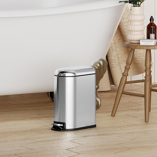 CEROELDA Small Bathroom Trash Can with Lid Soft Close, 5L/1.3 Gallon Stainless Steel Slim Garbage Can, Metal Waste Basket with Step Pedal, for Office, Bedroom, Toilet, Dorm Room (Silver, 1.3 Gallon) - Image 2