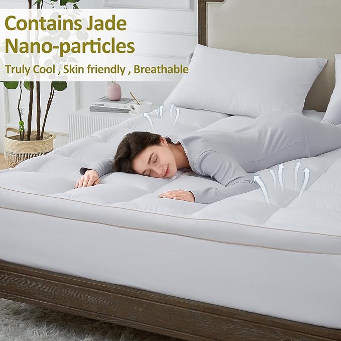 Mattress Topper Queen, Cooling Mattress Pad Cover for Hot Sleepers, Extra Thick 5D Snow Down Alternative Overfilled Plush Pillow Top with 8-21 Inch Deep Pocket -60"x80" Cream White