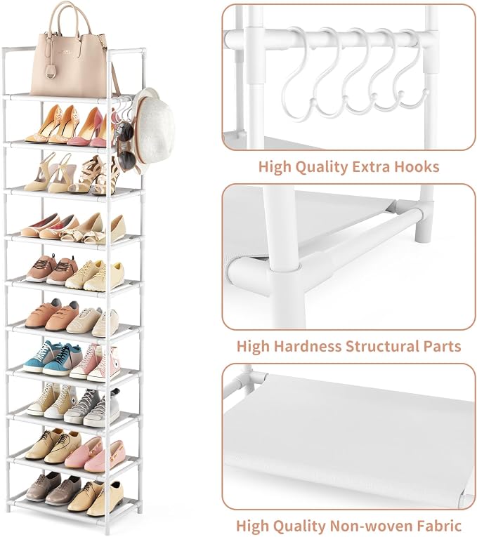 LANTEFUL 10 Tiers Tall Shoe Rack 20-25 Pairs Boots Organizer Storage Sturdy Narrow Shoe Shelf for Entryway, Closets with Hooks, White - Image 4