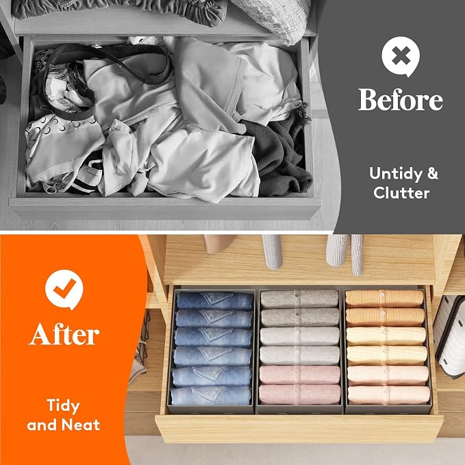Lifewit 6 Pack Clothes Organizer, 6 Grids Closet Jean Storage Bins with Handles and Support Boards, Foldable Drawer Organizer for Sweater, Pants, T-shirt, Dress, Grey, 42 x 27 x 17 cm/16x10x7'' - Image 7