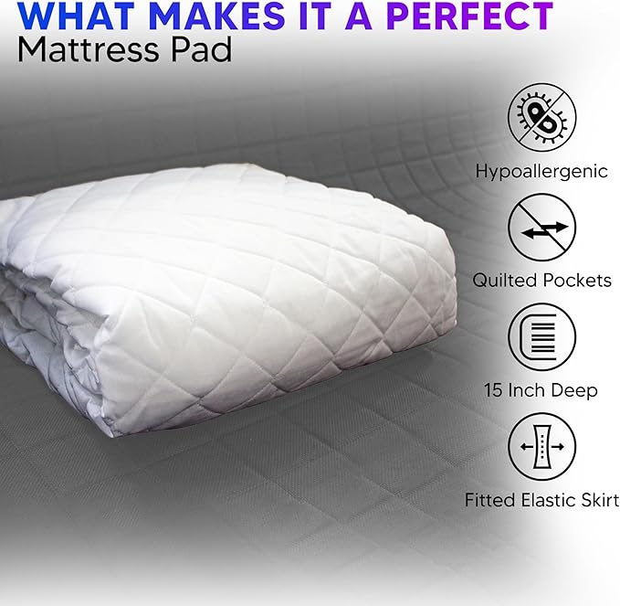 Express Supplies Quilted Fitted Waterproof Mattress Pad - 15 Inch Deep, Non-Allergic, Hollow Fibre Polyester Filling - Machine Washable Mattress Pad, Elastic Fitted Mattress Topper (Queen Pad)