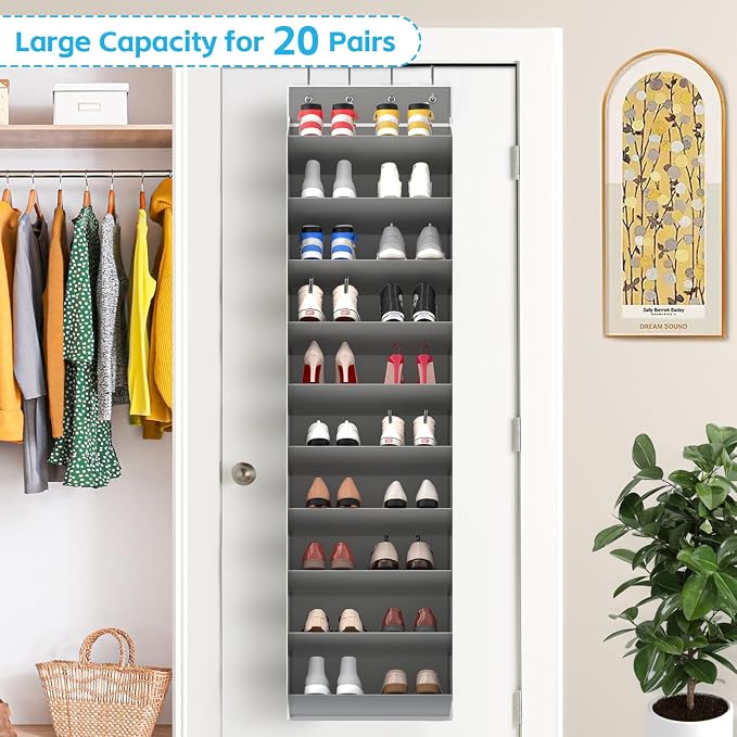REGELETO 10 Tiers Large Size Over Door Shoe Organizer Storage, Hanging Shoe Rack for Door with Deep Pockets, Fit 20-30 Pairs Shoe Organizer Holder for Sneakers and Boots (Grey) - Image 3