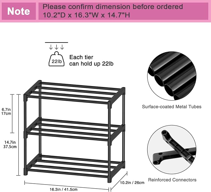 Autonomier 3 Tier Extra Small Shoe Rack (16.3" Wide), Narrow Stackable Shoe Shelf for Kids Toddler Adult, Lightweight Shoe Rack Stand for Closet Dorm Storage Organizer, Front Door Entrance, Entryway - Image 5