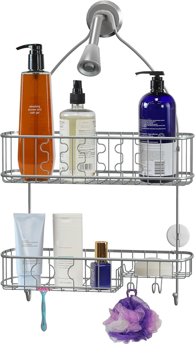 Simple Houseware Bathroom Hanging Shower Head Caddy Organizer, Silver (26 x 16 x 5.5 inches) - Image 4