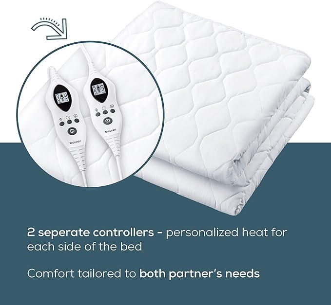 Beurer UWB80 Heated Mattress Pad King, Dual Control Electric Mattress Cover with Separate Feet/Body Heat, Auto Shut Off, 9 Warming Levels, Overheat Protection, Soft Quilted Fabric, King 76" x 80"