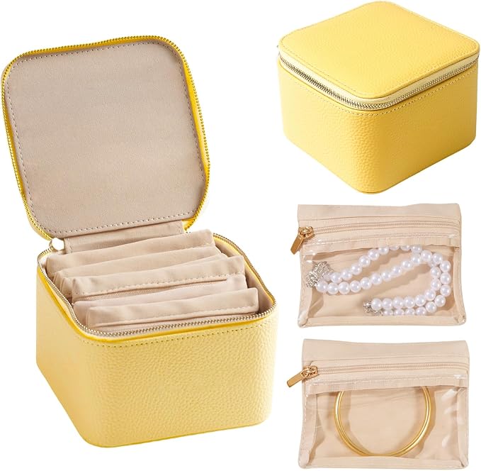 Travel Jewelry Organizer, Travel Jewelry Box with 6 Velvet Zipped Pouches Bags for Jewelries Necklaces Rings Earrings Sorting Storage for Women Girl Gifts, Butter Yellow by Yaliang